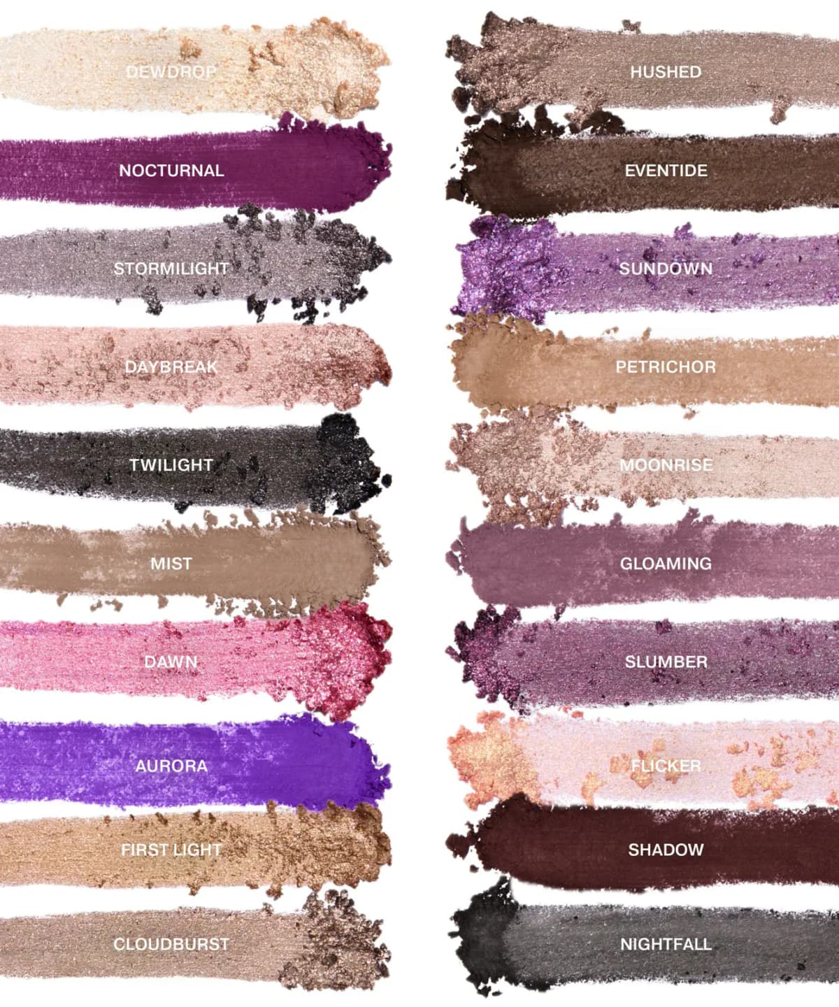 Dusky Neutral 20 Colour Palette swatches in two columns, from ivory and gold shimmers to violet, plum and charcoal shades, each labelled