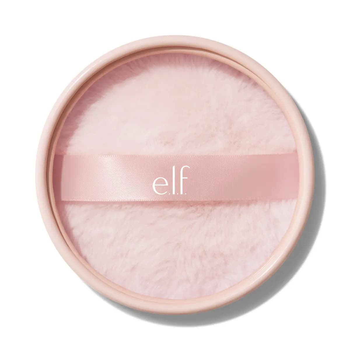 Top view of the open jar showing a pale pink fluffy puff with an e.l.f. satin ribbon strap inside a pink rim