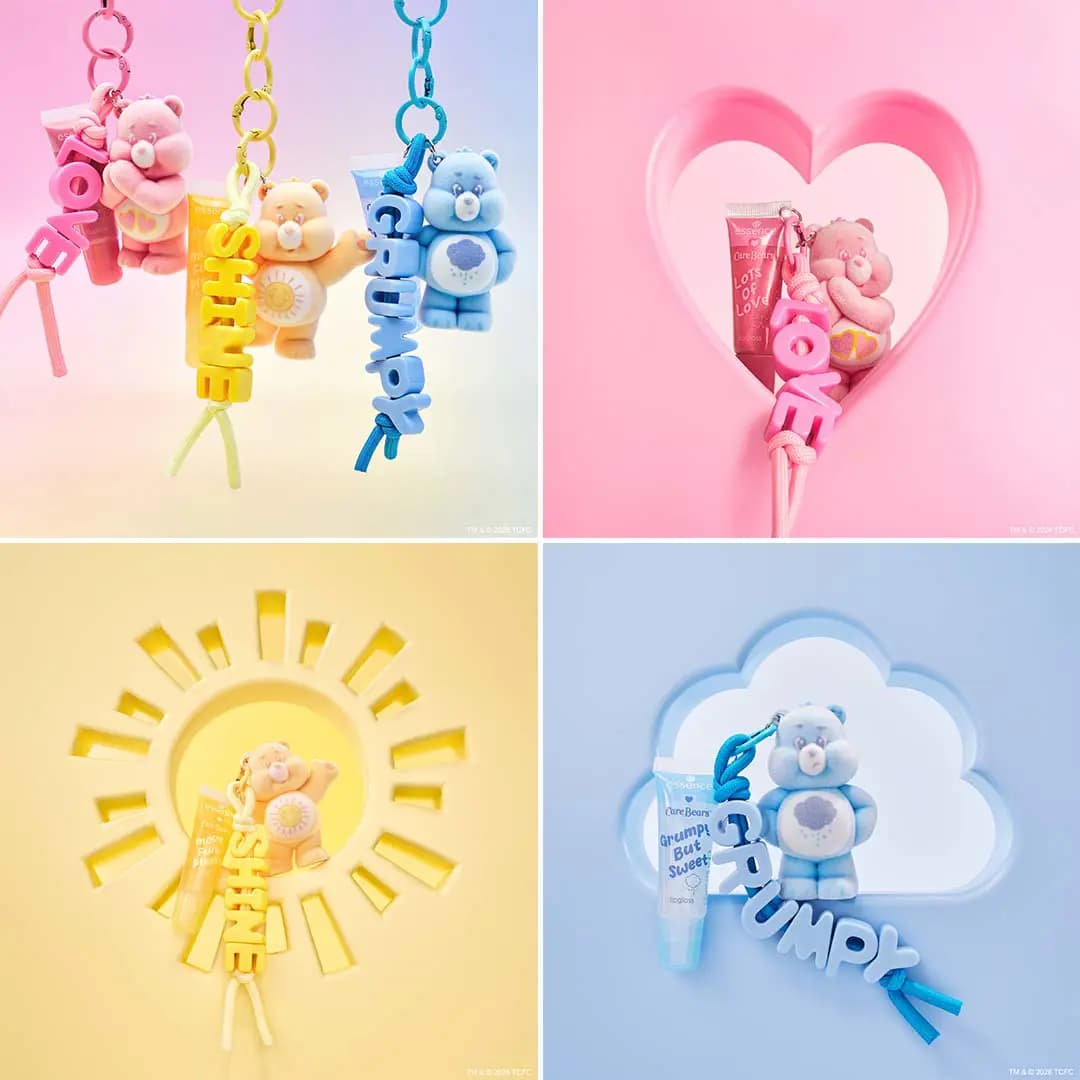 Four-panel view of lipgloss keychains with LOVE, SHINE and GRUMPY bear charms styled with heart, sun and cloud props.