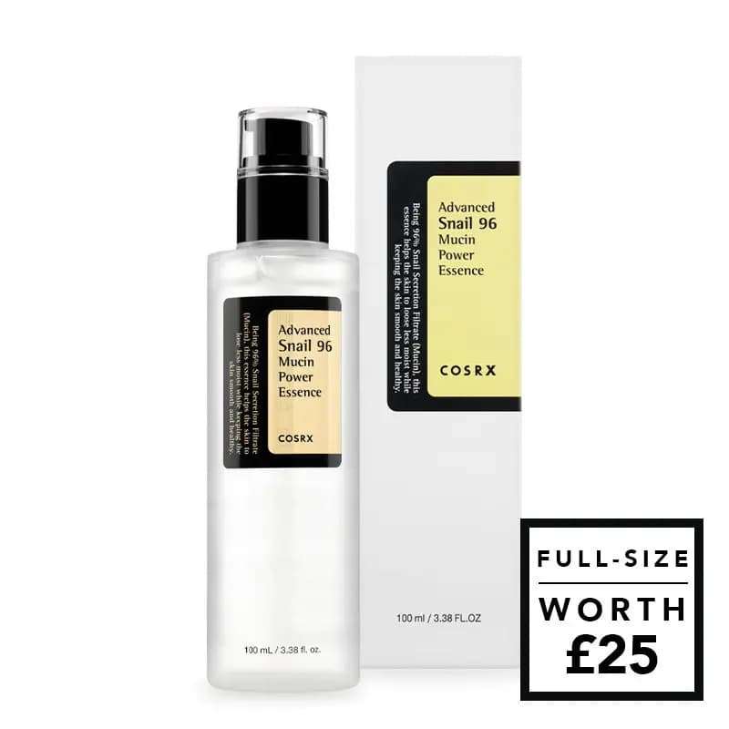 COSRX Advanced Snail 96 Mucin Power Essence 100ml pump bottle beside white box, worth £25