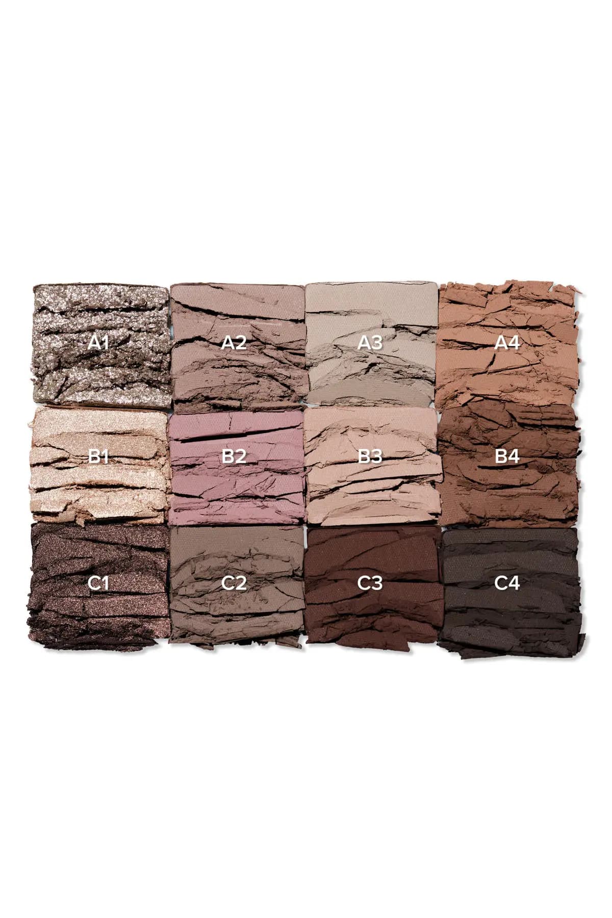 Grid of 12 crushed eyeshadow textures labeled A1-C4 showing shimmer, matte nudes, pinks and browns.