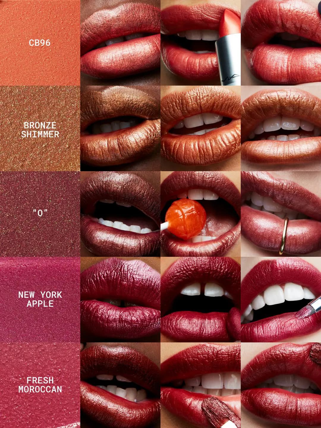 Close-up lip grid of CB96, Bronze Shimmer, "O", New York Apple and Fresh Moroccan frost shades on varied skin