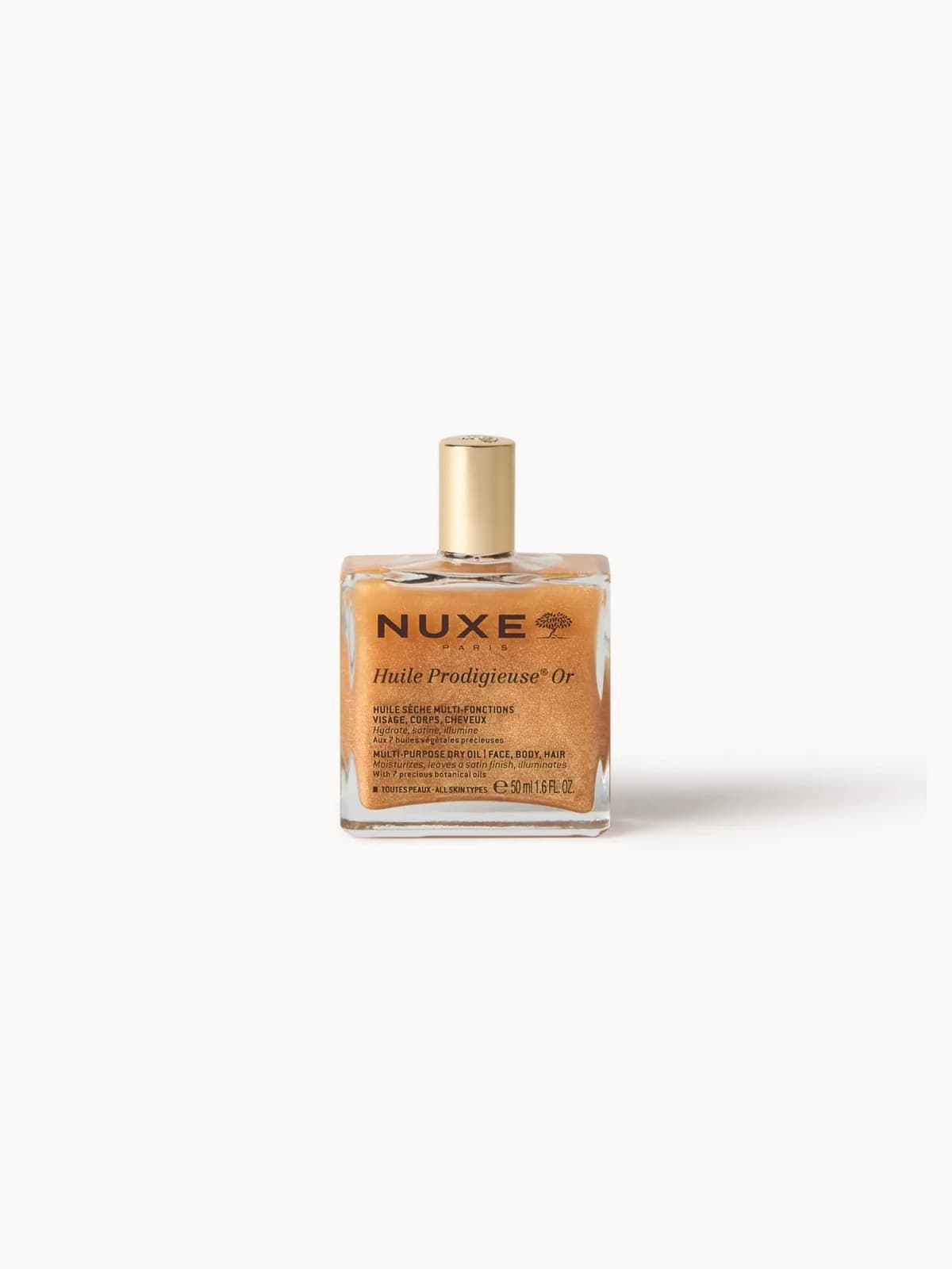 NUXE Huile Prodigieuse Or shimmering gold dry oil in a square glass bottle, 50 ml