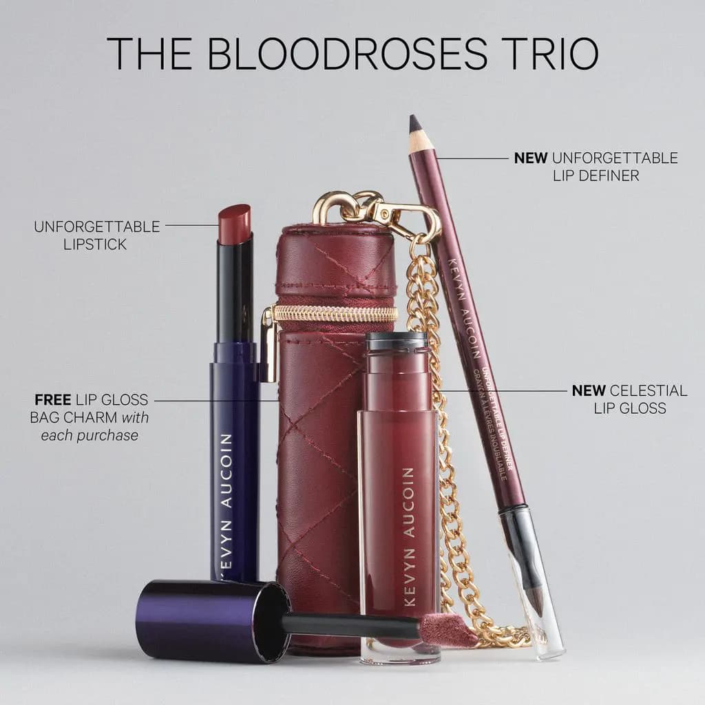 Trio styled upright on grey with labels for the lipstick, lip definer, Celestial Lip Gloss and free gloss bag charm