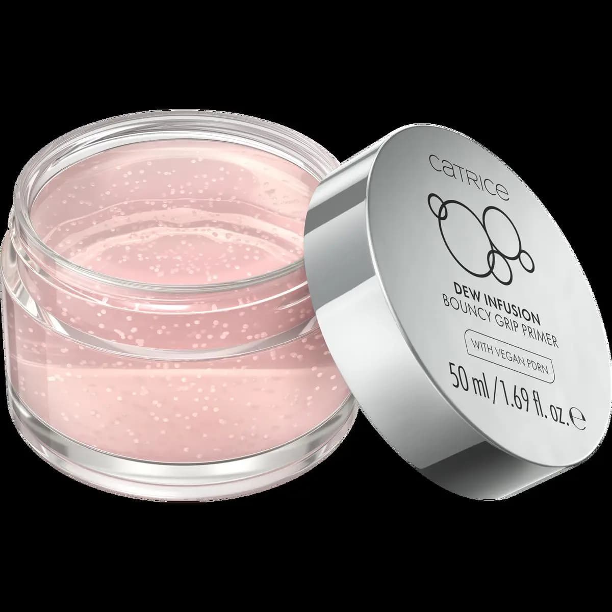 Dew Infusion Bouncy Grip Primer jar of pink speckled gel with silver lid, with vegan PDRN