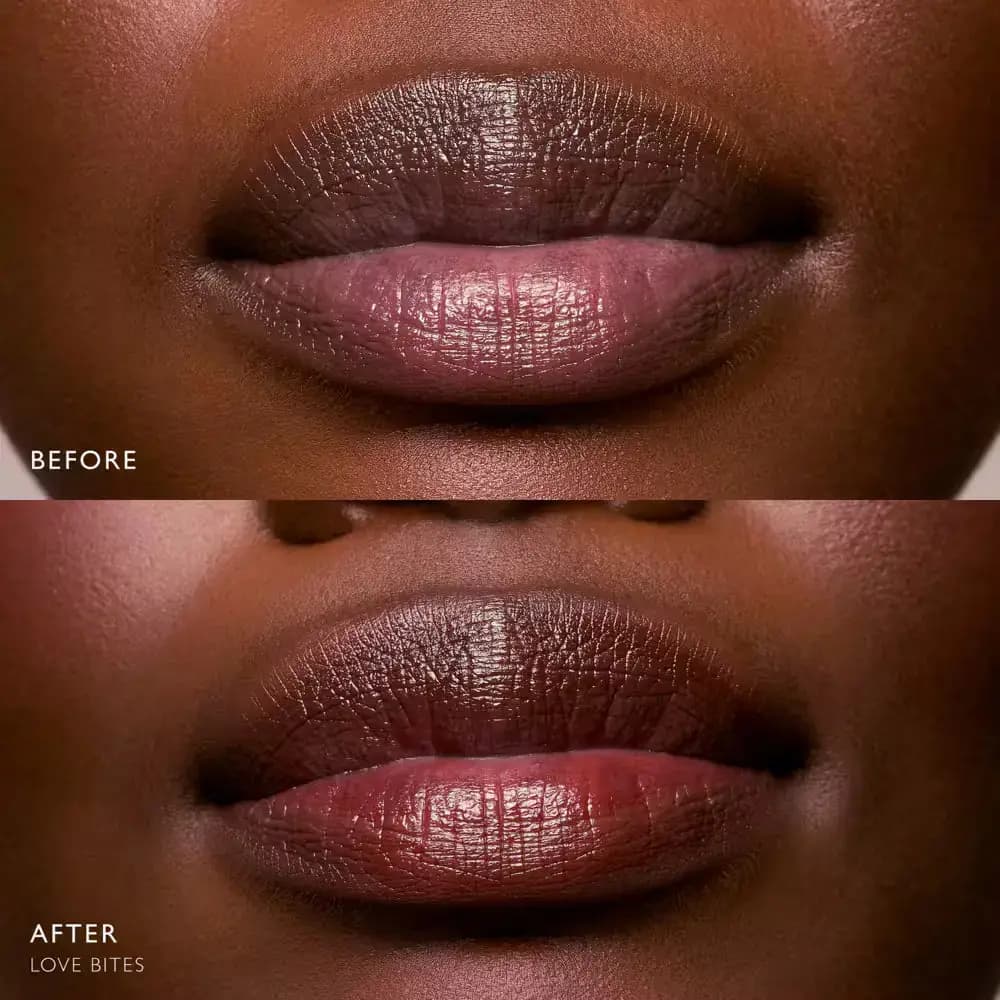 Before and after of deep-toned lips with a subtle glossy reddish-brown tint from Love Bites