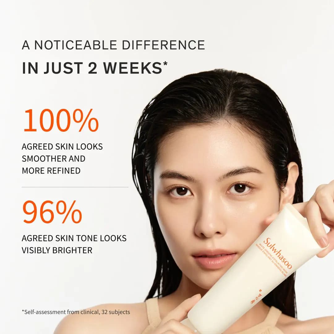 Model holding the tube to the cheek beside orange stats: 100% smoother skin and 96% brighter tone in 2 weeks