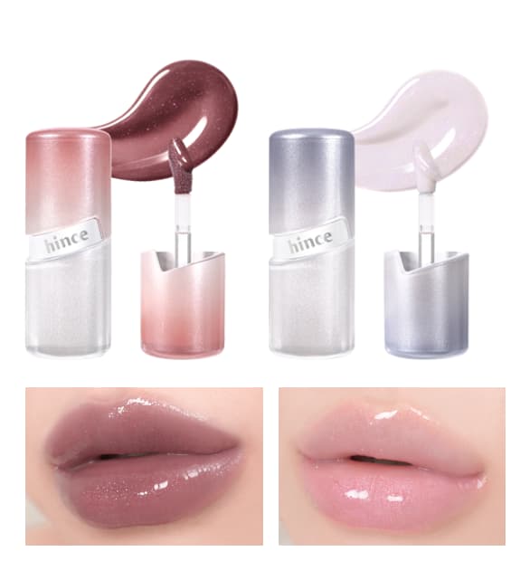 Rose and lavender-grey gradient gloss tubes with mauve and pale pink swatches, shown on glossy lips