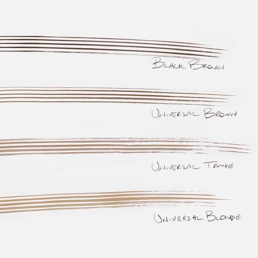 Handwritten-labelled multi-line swatches of four shades: Black Brown, Universal Brown, Universal Taupe, Universal Blonde.