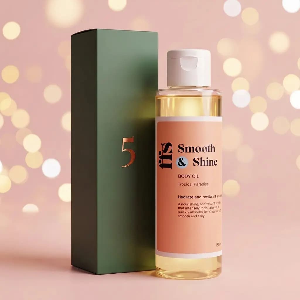 FFS Smooth & Shine Tropical Paradise body oil in a clear bottle beside green box number 5