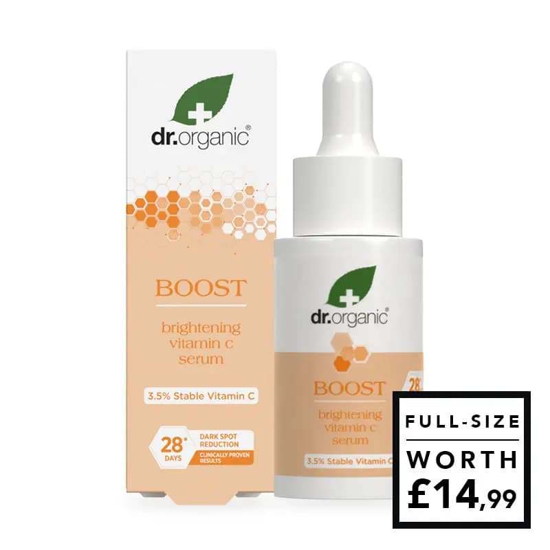 Dr.Organic Boost brightening vitamin C serum dropper bottle with peach box, worth £14.99