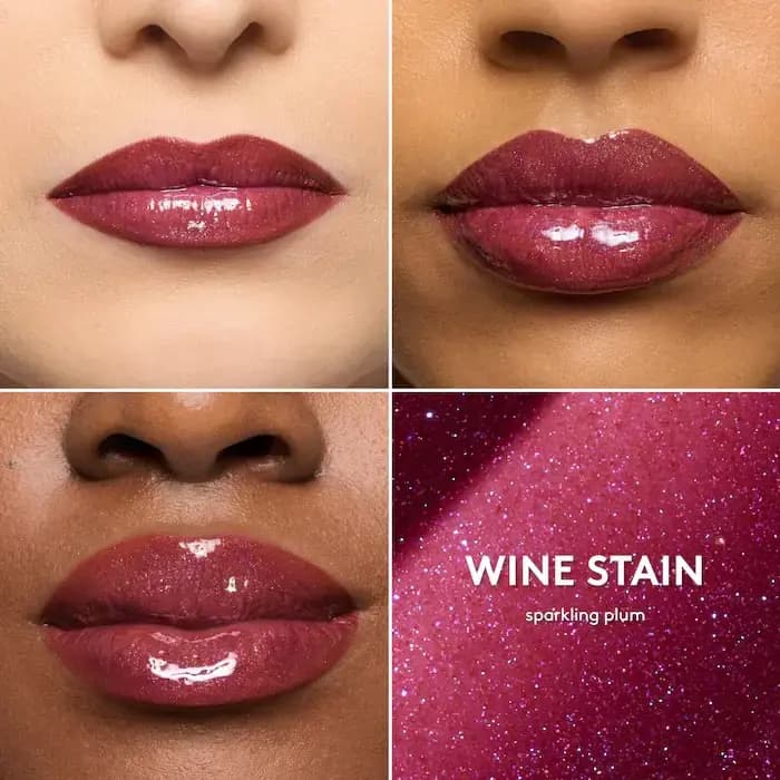 Wine Stain sparkling plum gloss worn on three lip tones, with a glittery deep berry swatch