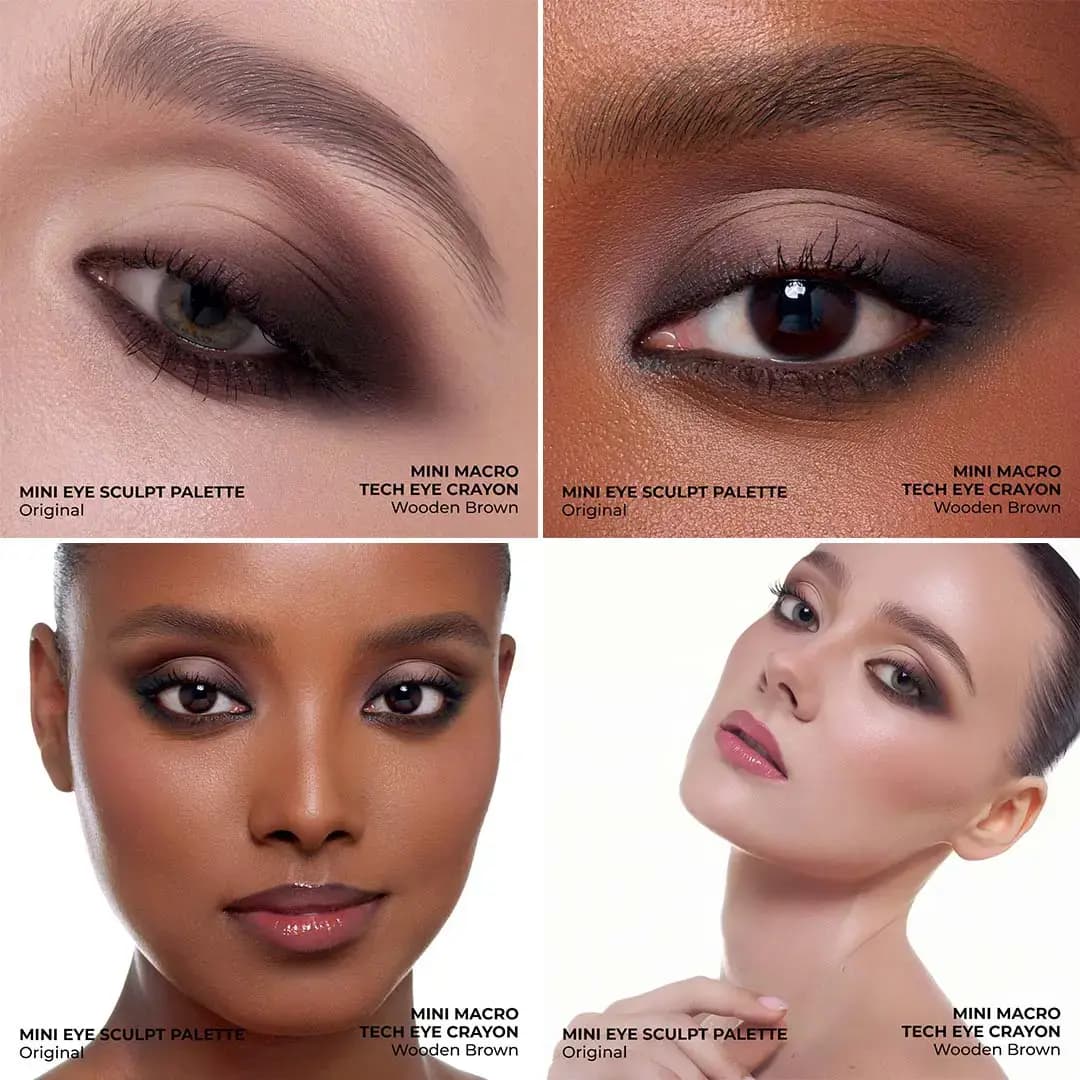 Four models wearing a dark brown smoky eye made with Mini Eye Sculpt Palette Original and Wooden Brown eye crayon.