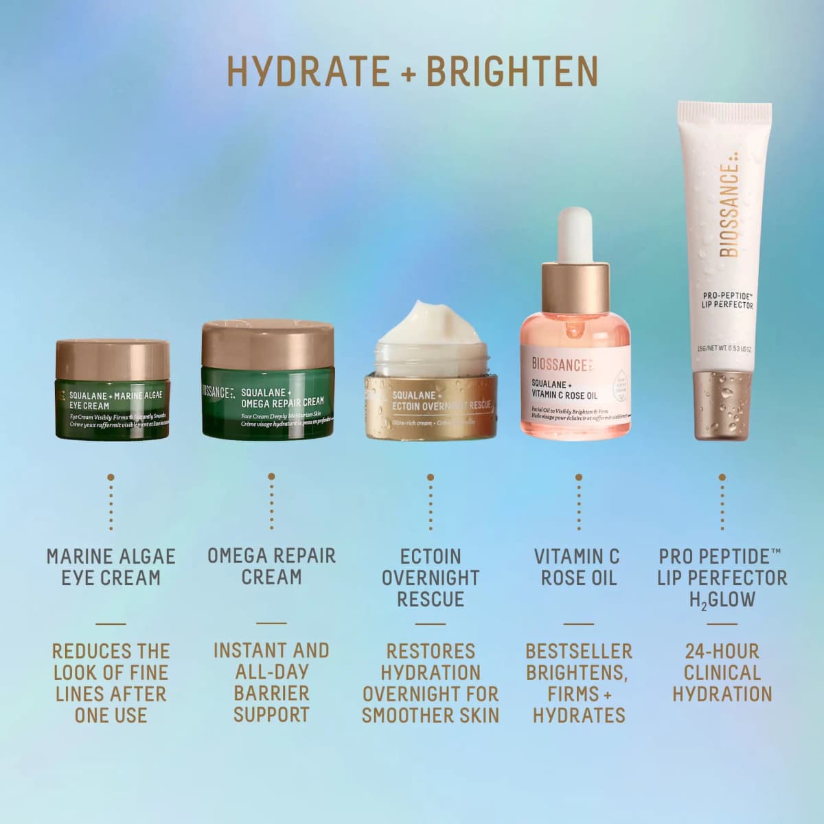 Hydrate + Brighten chart: Marine Algae eye cream, Omega Repair Cream, Ectoin jar, Vitamin C Rose Oil and Lip Perfector