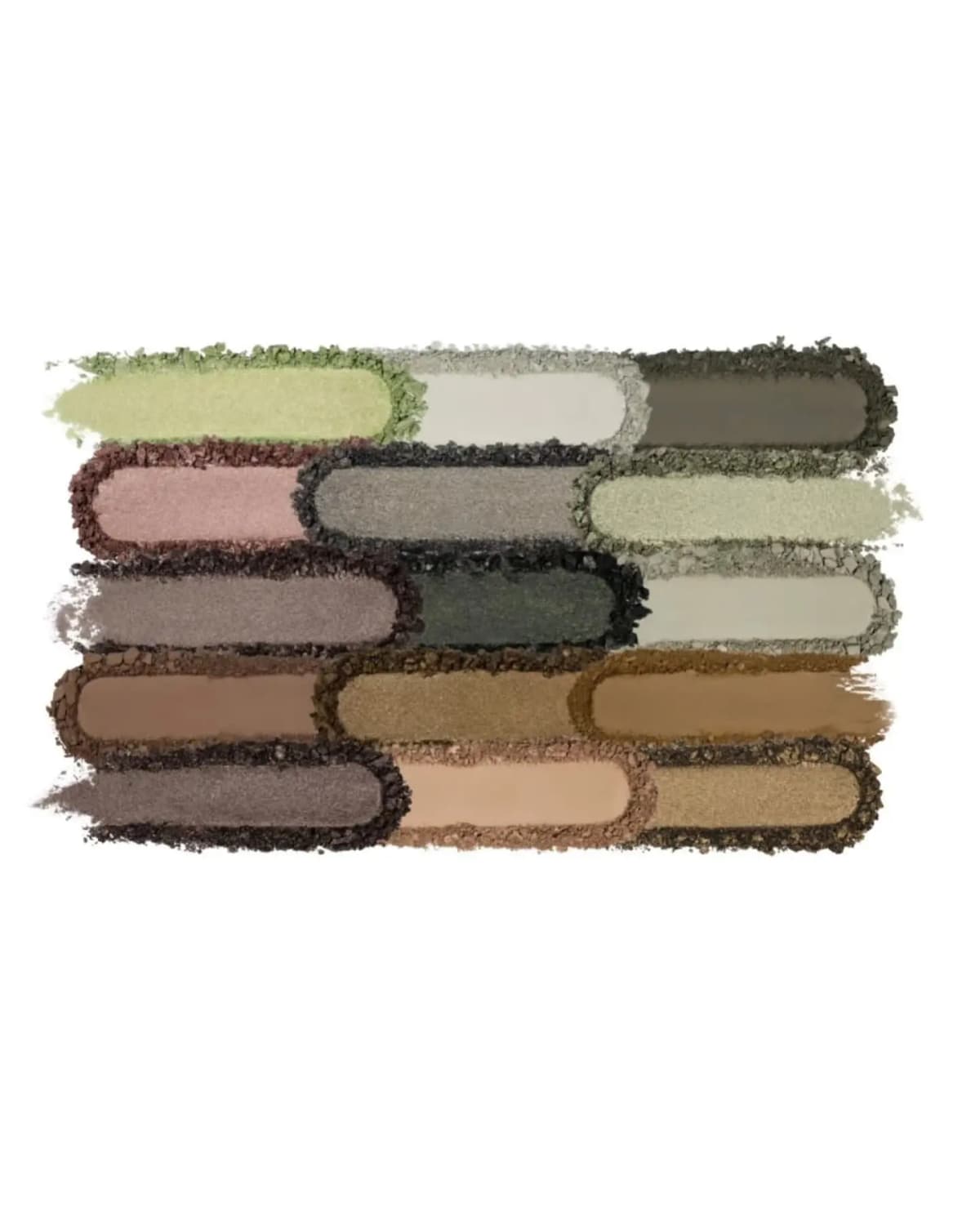 Crushed eyeshadow swatches in mossy greens, olive, taupe, brown, dusty pink and champagne shades stacked in rows.
