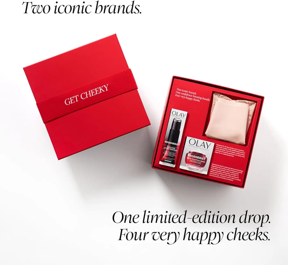 Open Get Cheeky box with OLAY Regenerist treatment, Micro-Sculpting Cream and a Soft Nude Spanx lace brief inside