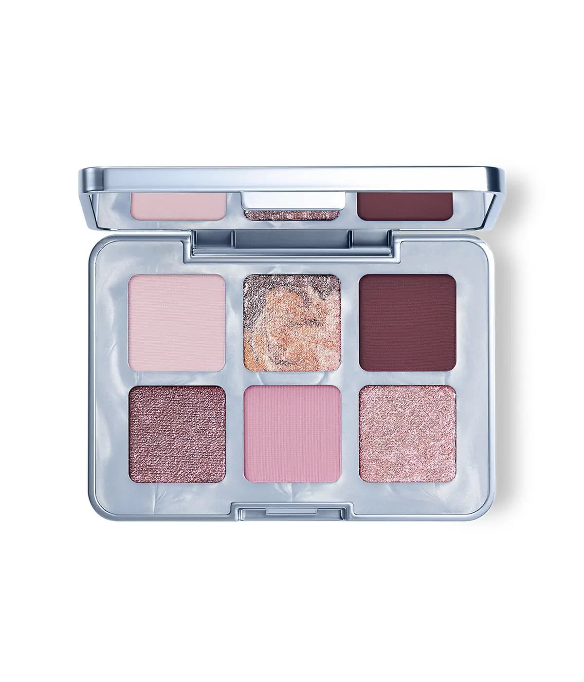 Open Prima Palette with six pink, mauve and plum mattes and shimmers, plus a marbled rose gold centre pan