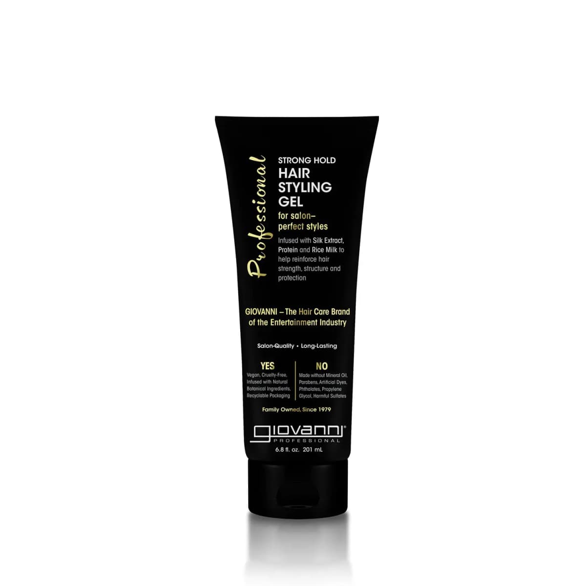 Giovanni Professional Strong Hold Hair Styling Gel in a black 6.8 fl oz squeeze tube with gold accents.