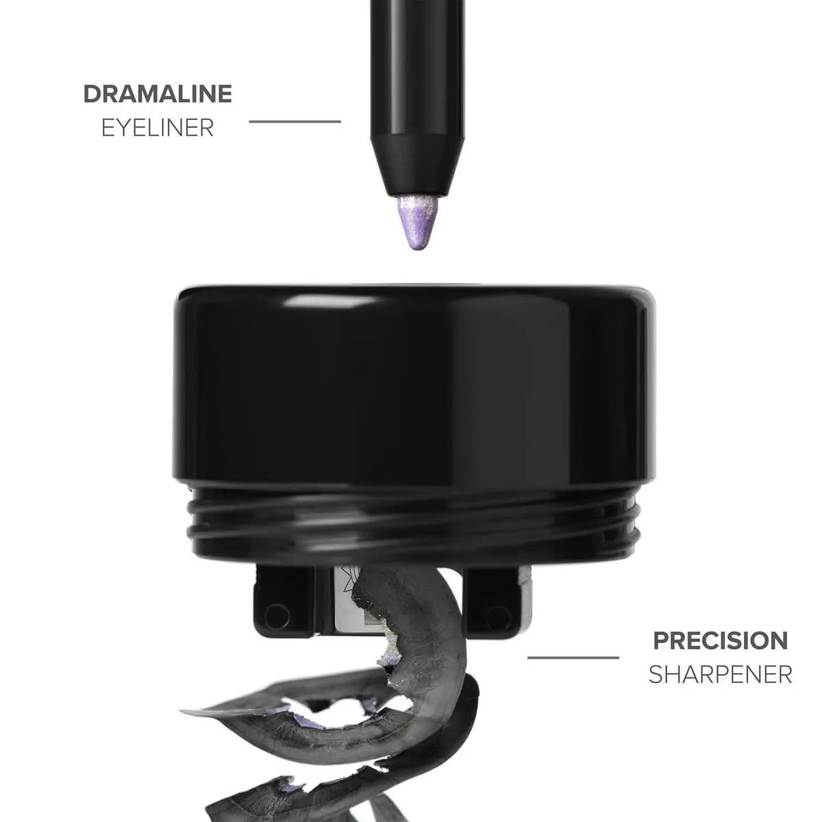 Diagram showing the Dramaline eyeliner tip above the Precision Sharpener with curled shavings below