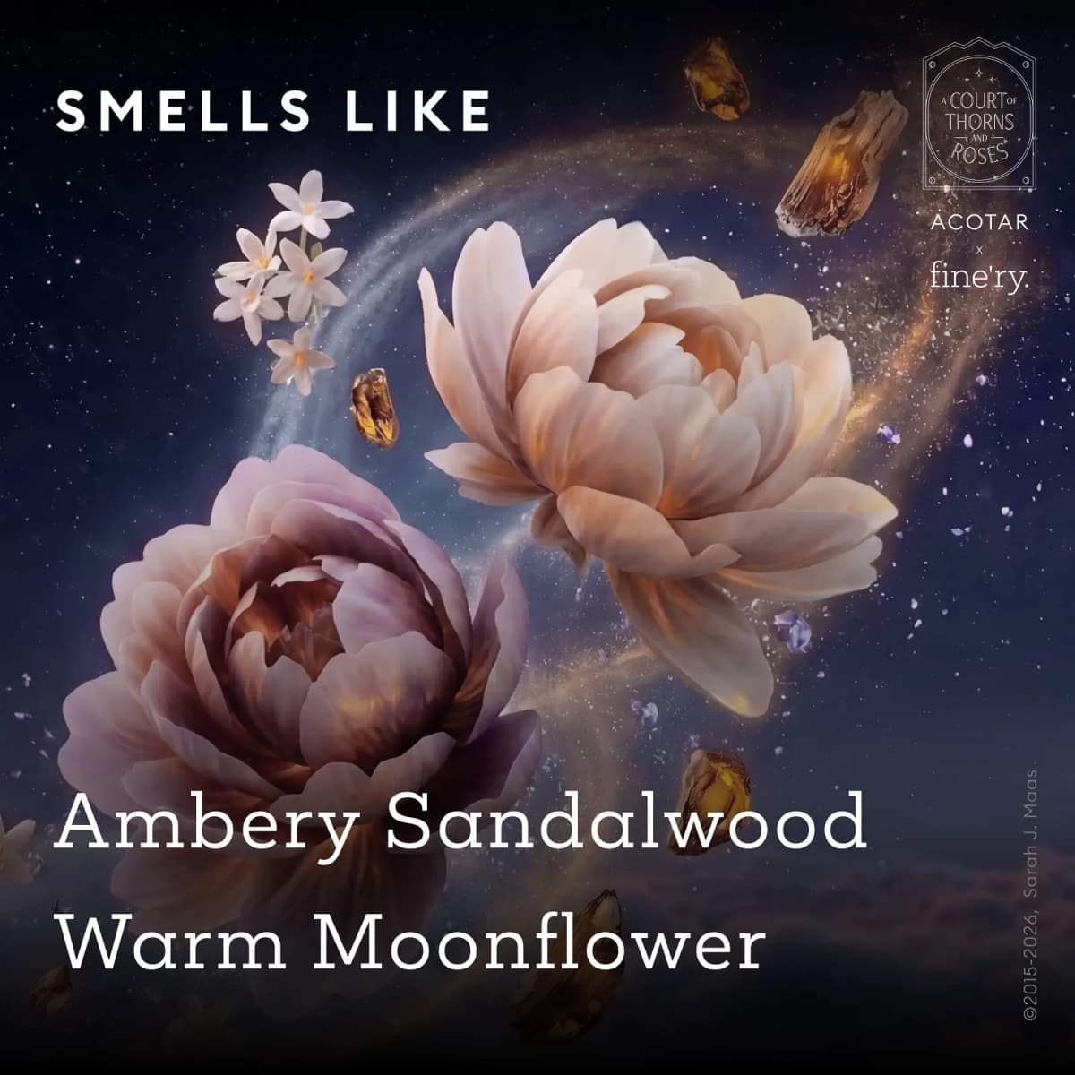 Peach and lilac peonies, small white blossoms and amber pieces swirling in space, text Ambery Sandalwood, Warm Moonflower