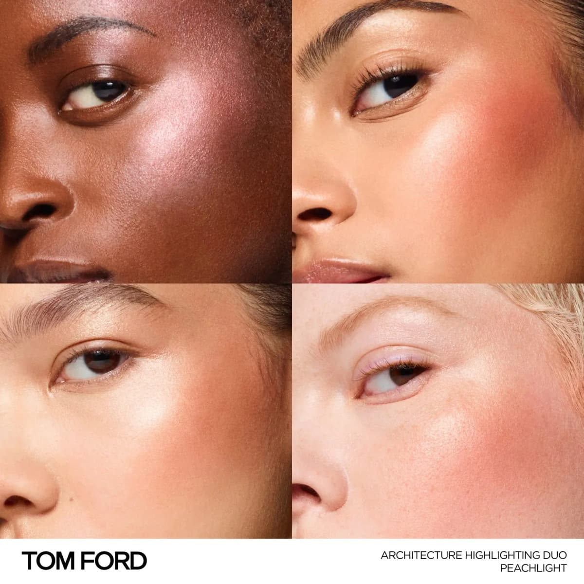 Four close-ups of models wearing Peachlight, showing pink-toned glow and peachy flush on the cheeks.