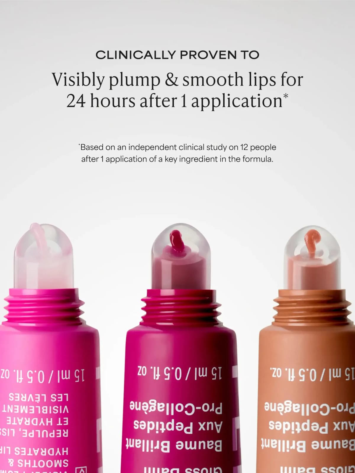 Pink, magenta and brown tubes with clear applicators under a claim of 24-hour visible plumping and smoothing
