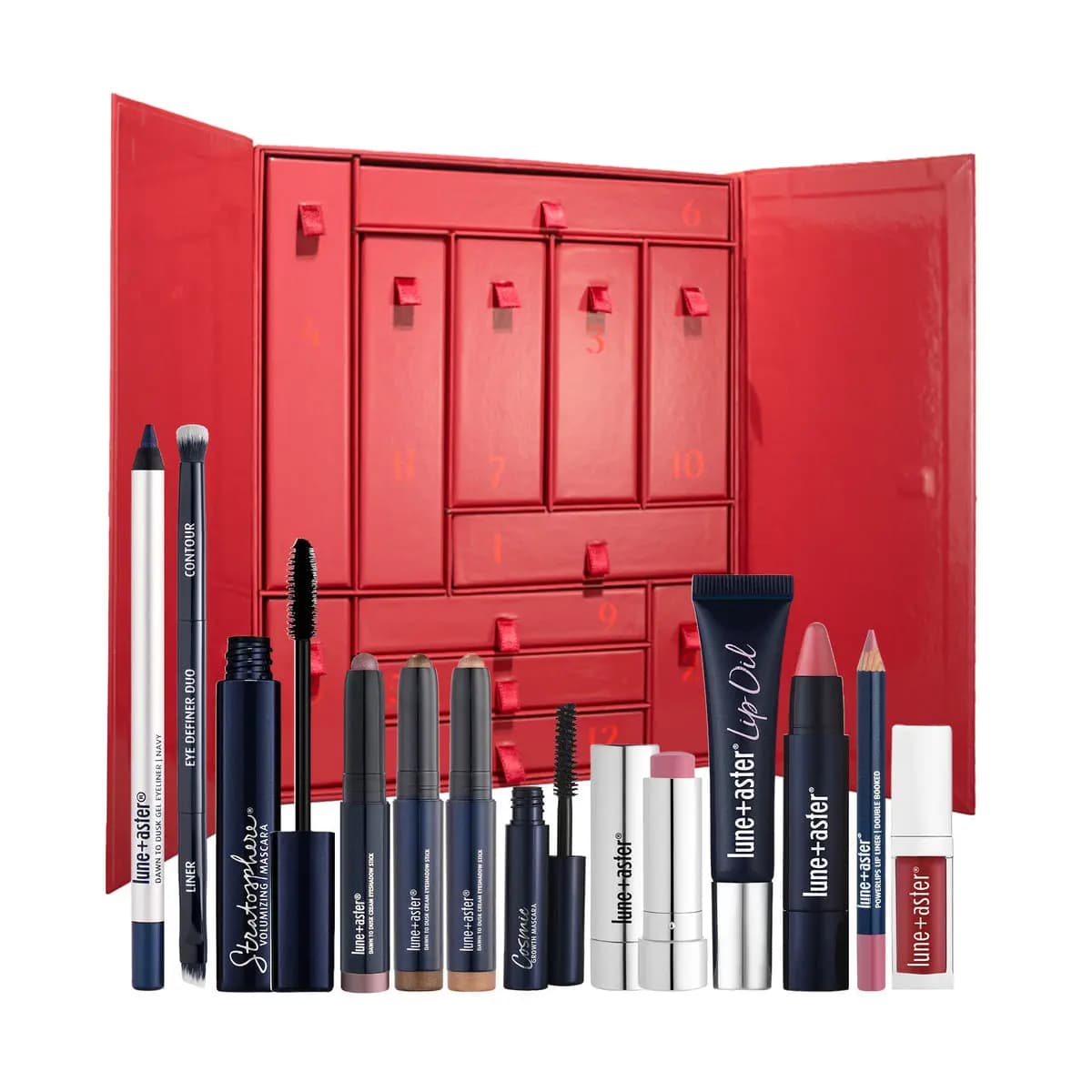 Lune+Aster Twelve Days of Beauty red advent calendar opened, with liners, mascaras, eyeshadow sticks and lip products