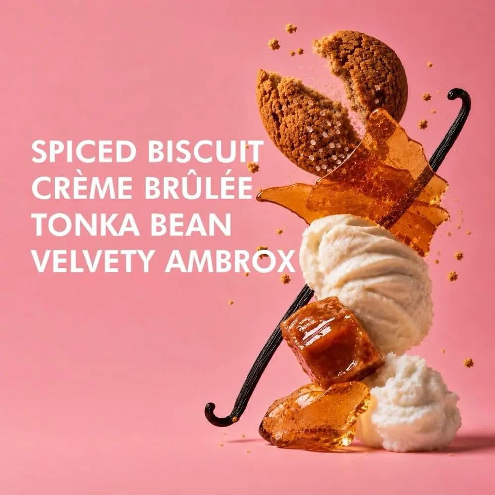 Spiced biscuit, crème brûlée, tonka bean and ambrox notes beside a cookie, caramel shards, vanilla pod and cream on pink