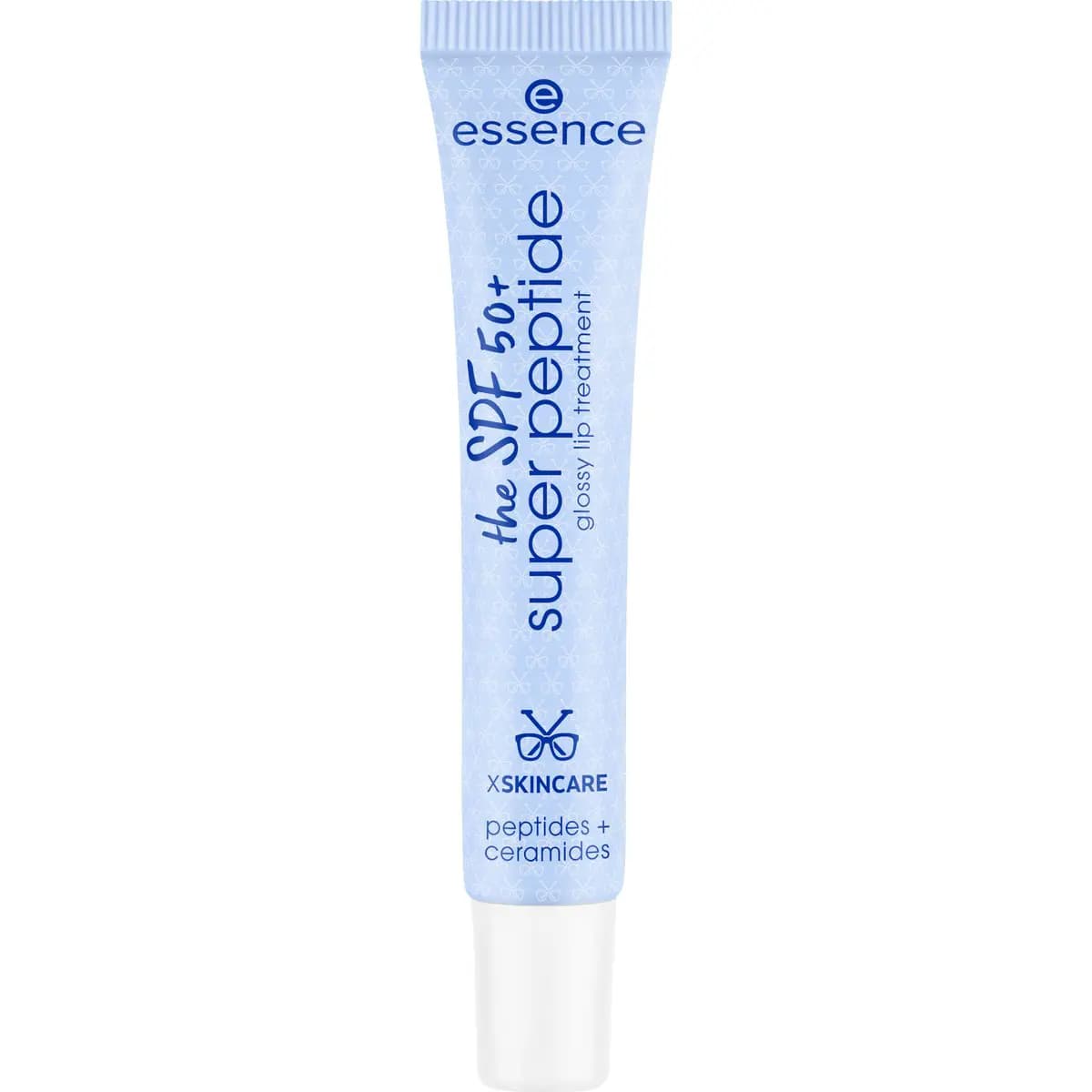 Blue the SPF 50+ super peptide glossy lip treatment tube with peptides + ceramides and a white cap