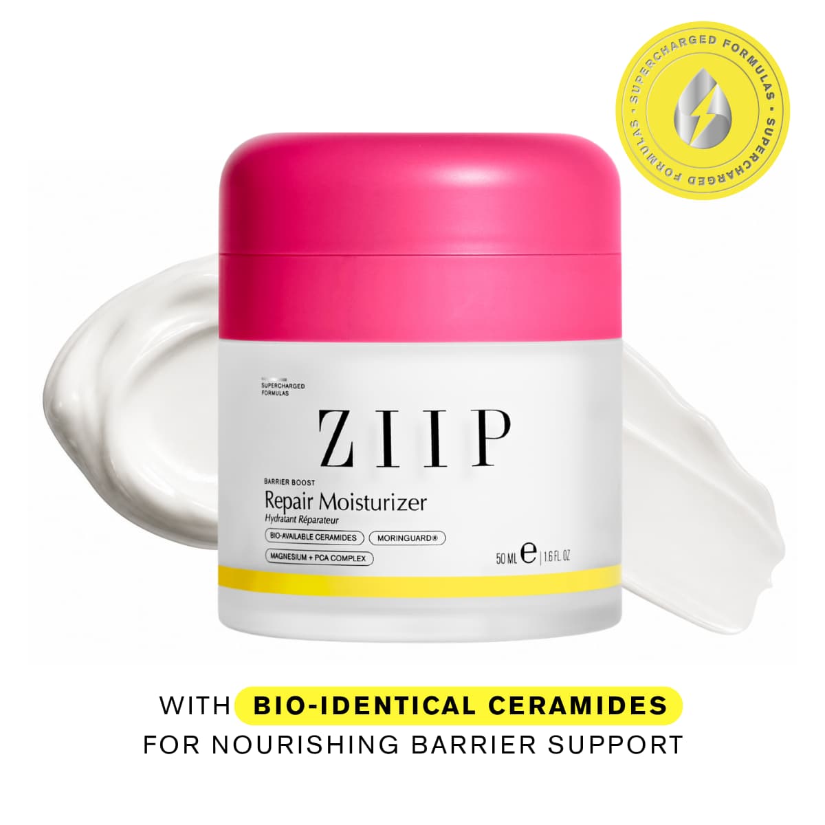 Repair Moisturizer jar with a hot pink lid between white cream swatches, noting ceramides