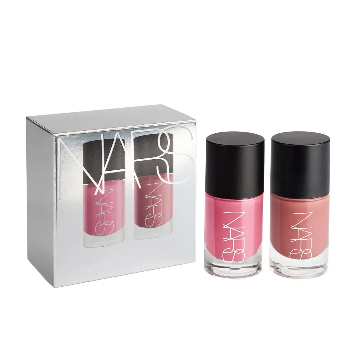 NARS Mini Insatiable Liquid Blush Duo in Fast Ride and Hooked: two mini liquid blush bottles in bright pink and dusty pink beside a silver gift box.