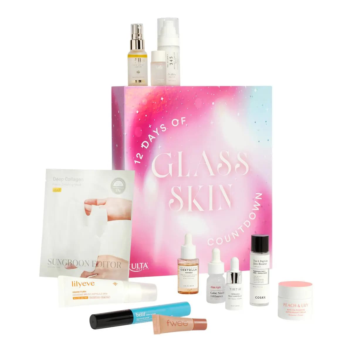 Closed pink Glass Skin Countdown box with d'Alba serum on top and Peach & Lily, lilyeve, belif and fwee products in front