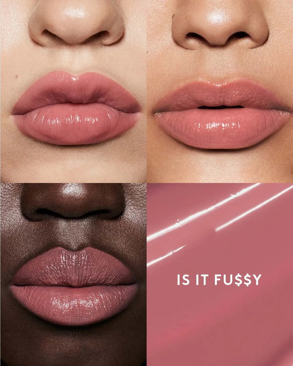 Four-panel close-up of lips wearing glossy nude-pink shade labelled Is It Fu$$y