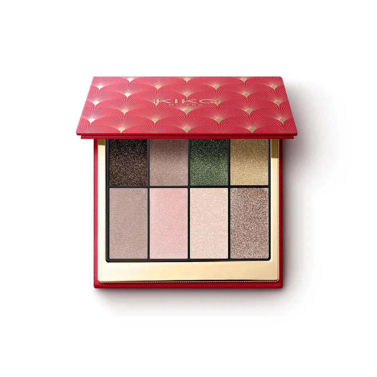 Eight-pan eyeshadow palette with red art deco lid: espresso glitter, taupe, green, gold, pink and champagne shades