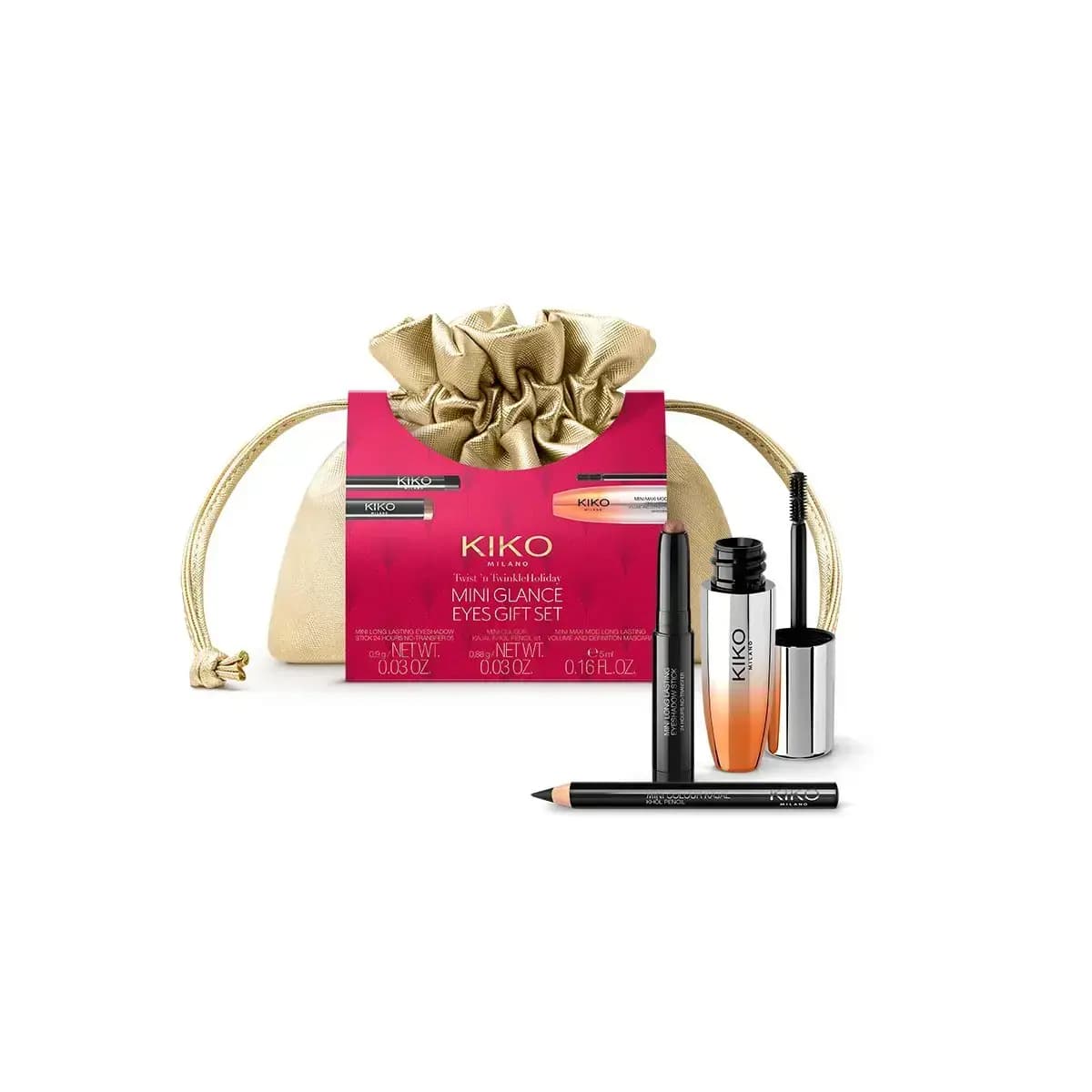 KIKO Mini Glance Eyes Gift Set: gold pouch with mini eyeshadow stick, kajal pencil and Maxi Mod mascara