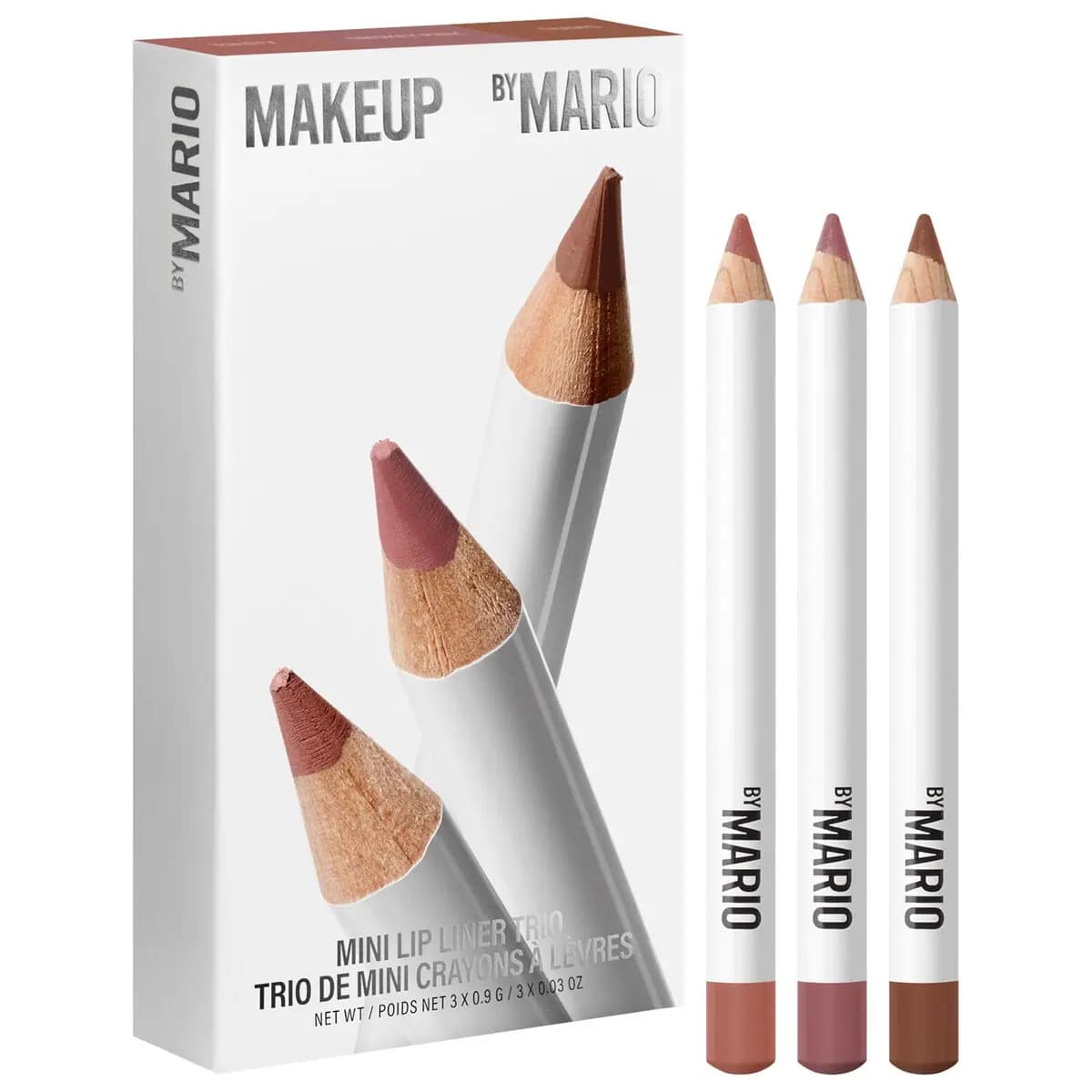 Makeup By Mario Mini Lip Liner Trio featuring three white pencils in nude, mauve pink, and warm brown shades.