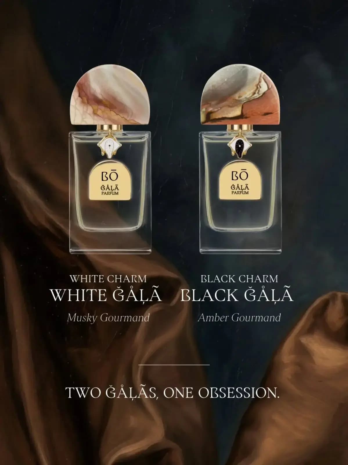 House of Bō Black Gala and White Gala Parfum bottles with jasper stone caps, labelled Amber and Musky Gourmand, on dark satin