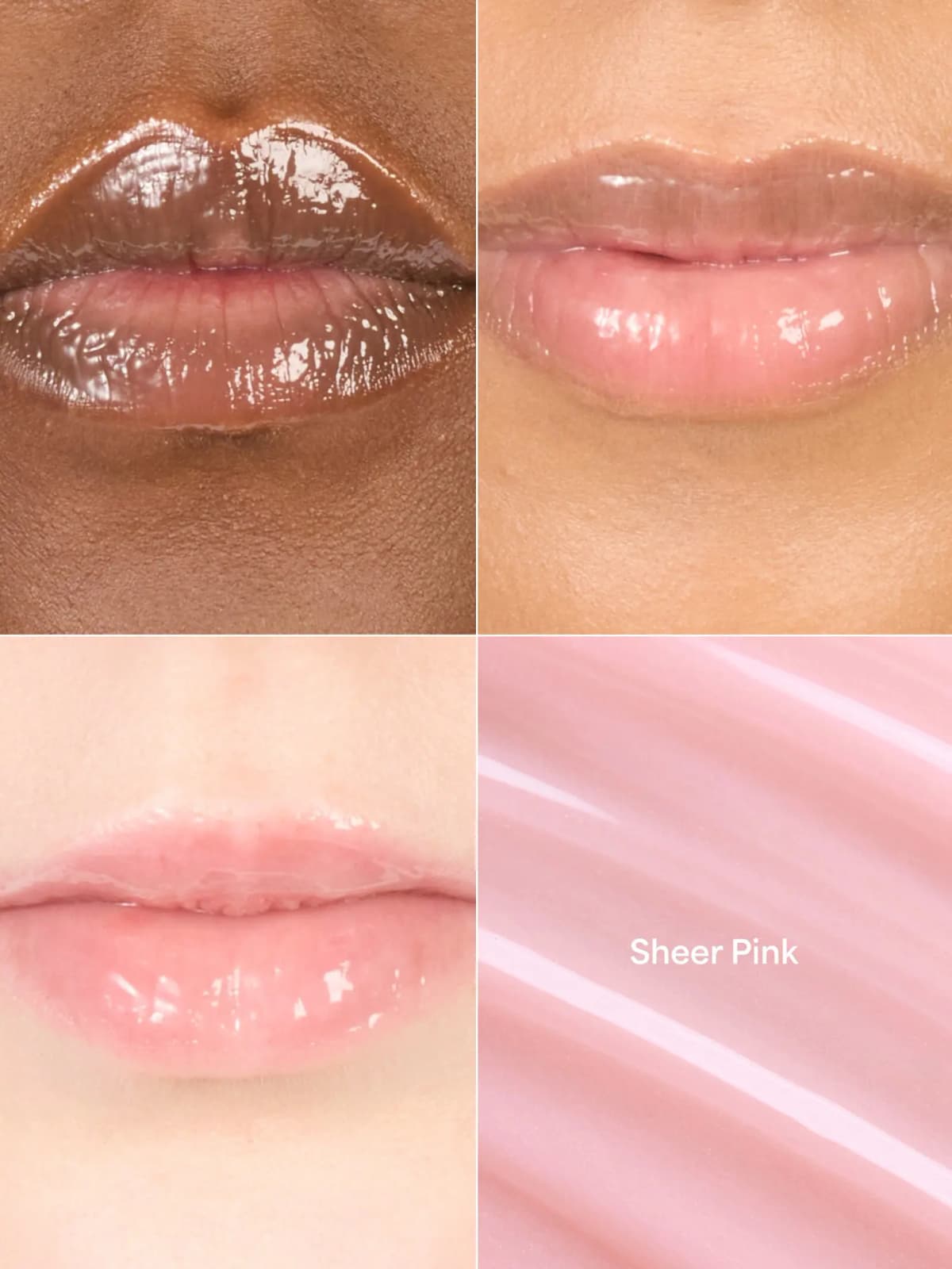 Sheer Pink gloss shown on three skin tones beside a soft pink glossy swatch