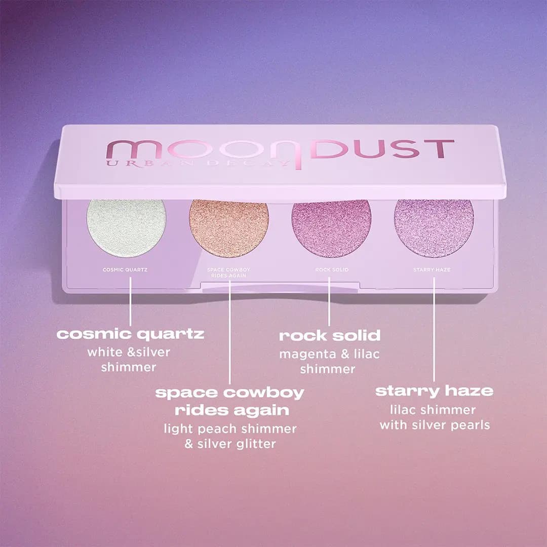 Urban Decay Moondust palette shades Cosmic Quartz, Space Cowboy Rides Again, Rock Solid and Starry Haze