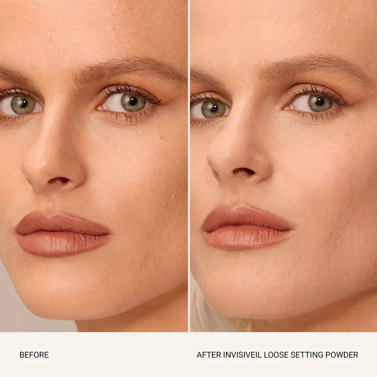 Before-and-after close-up of a fair-skinned model with green eyes showing reduced shine and blurred texture