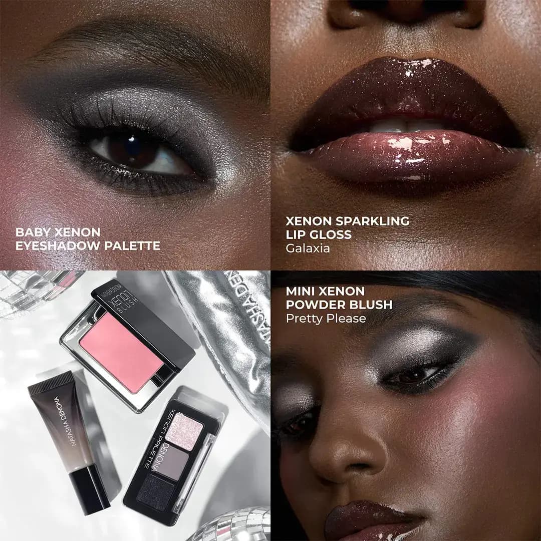 Deep-skinned model with silver-grey smoky eye, shimmery dark gloss and rosy blush, plus Xenon products flat lay.