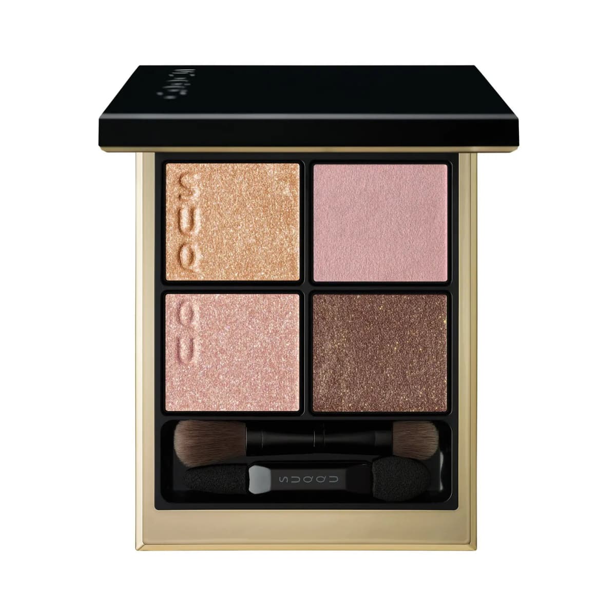 Quad of gold, pink, rose shimmer and glittery brown eyeshadows in a gold-trimmed SUQQU compact with applicators