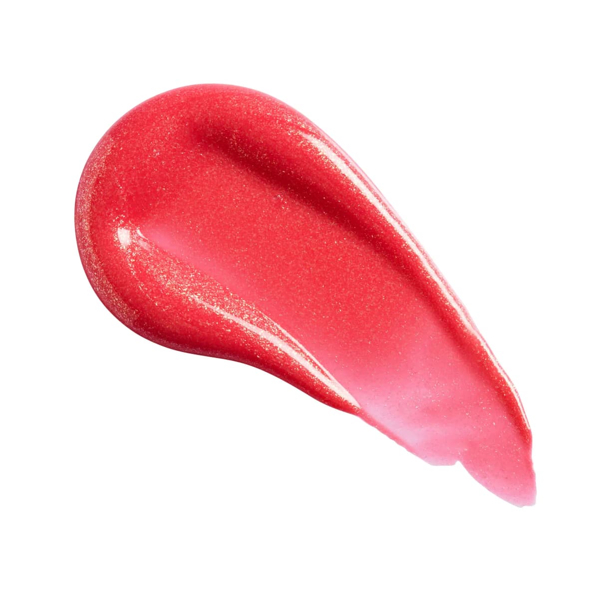 Glossy coral-red lip gloss swatch flecked with gold shimmer, fading to sheer pink