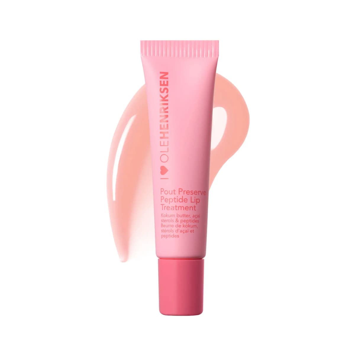 Pink lip treatment tube with pink cap in front of a sheer peachy-pink glossy swatch on white