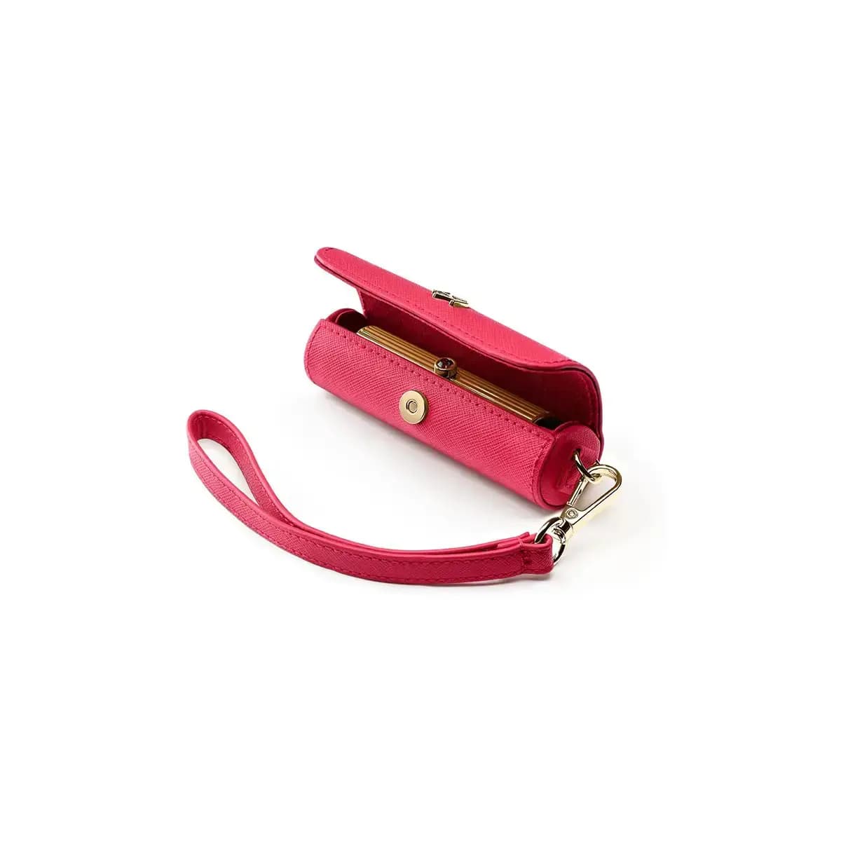 Red saffiano-textured lipstick case with gold clasp and wrist strap, open to show a gold ribbed lipstick