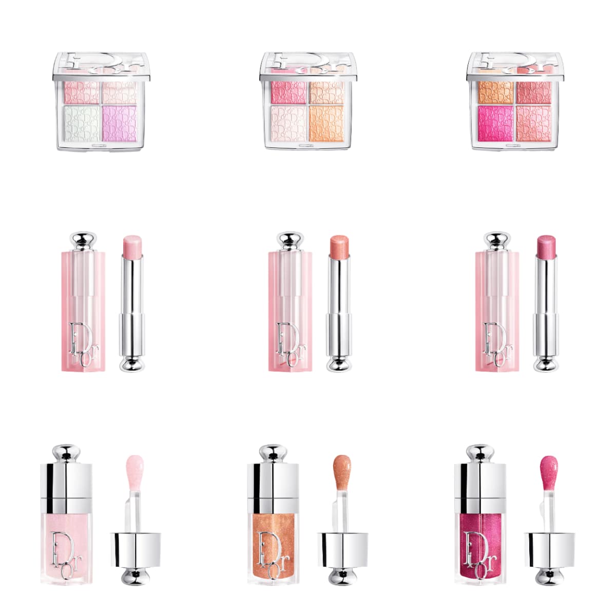Grid of three Dior glow palettes, three pink-cased lipsticks and three lip oils in pink, gold and berry shades