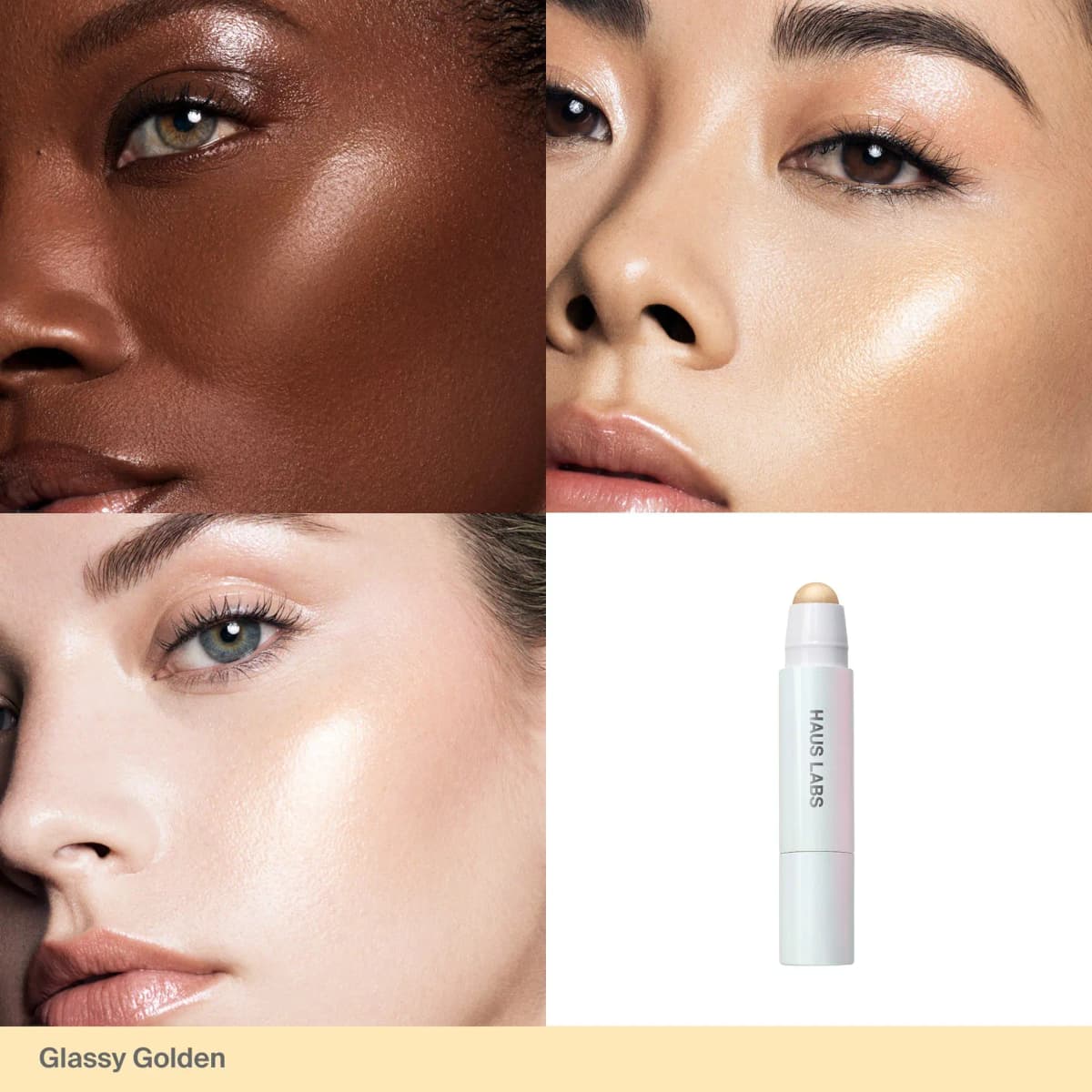 Grid of glowing highlighted cheekbones on deep, medium and fair skin beside the stick, labelled Glassy Golden