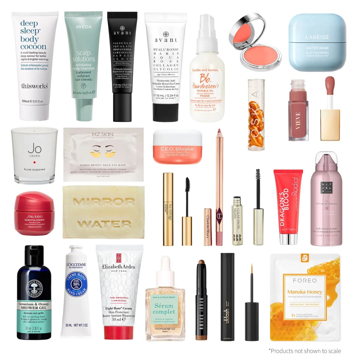 Calendar contents laid out on white, including thisworks, Aveda, Charlotte Tilbury pencil, Lisa Eldridge mascara and Rituals