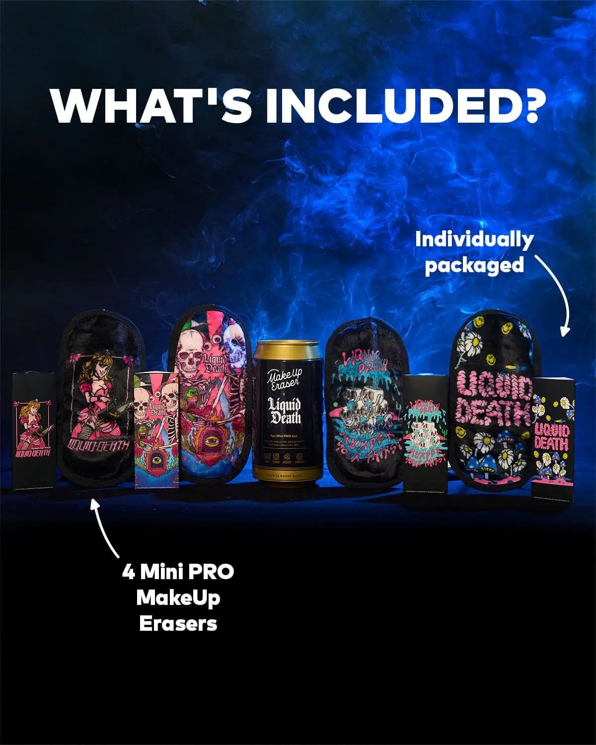 What's included?" graphic showing 4 Mini PRO MakeUp Erasers and their individual boxes around the can in blue smoke