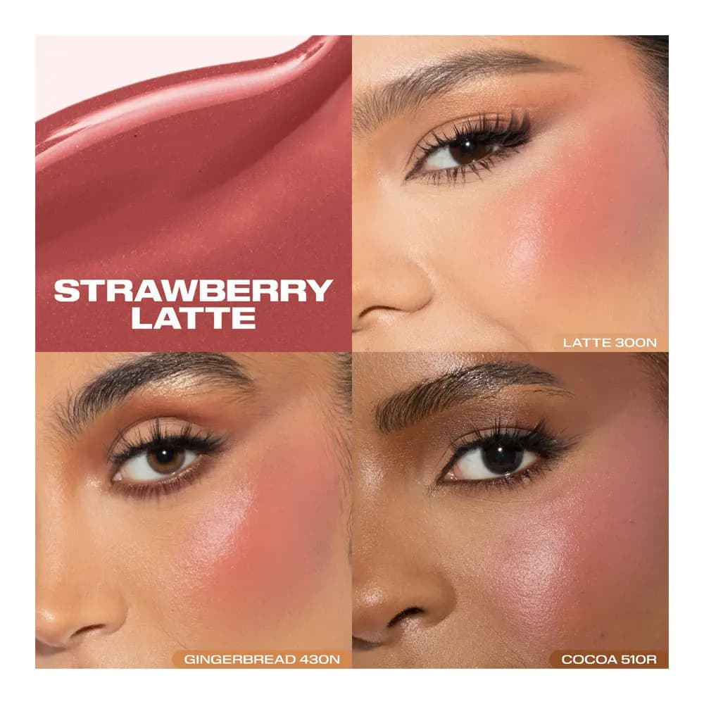 Rosy Strawberry Latte liquid blush swatch beside three cheek close-ups on light-medium to deep skin tones